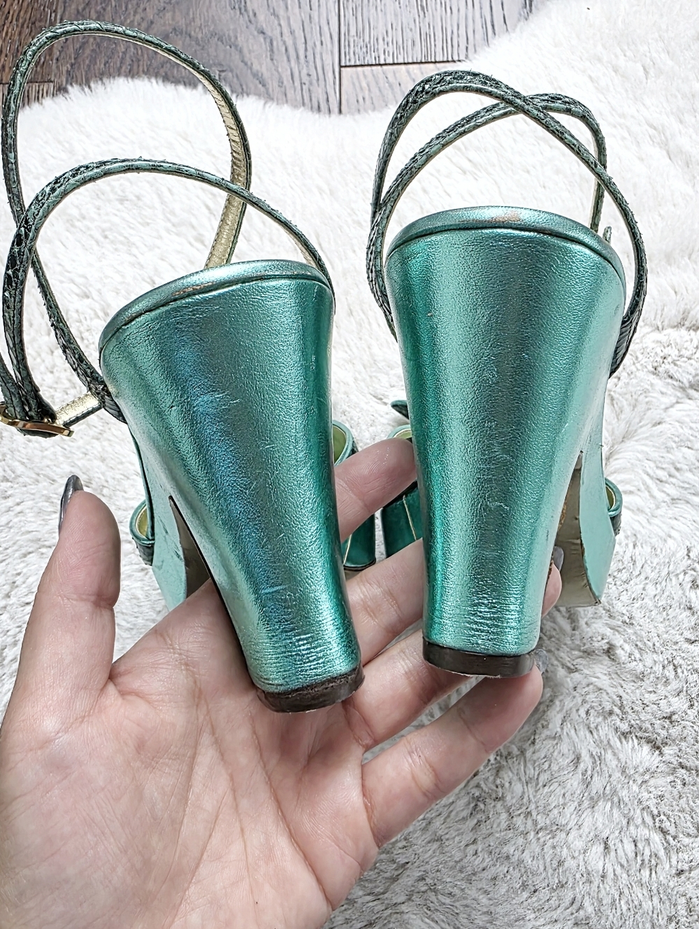 Vintage Y2K Dolce & Gabbana Metallic Teal Bow Slingback Platform Heels - Picture 5 of 6